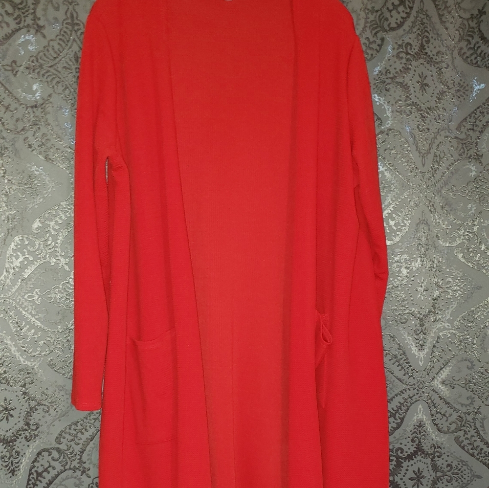 Red Waffle Duster Length Cardigan
